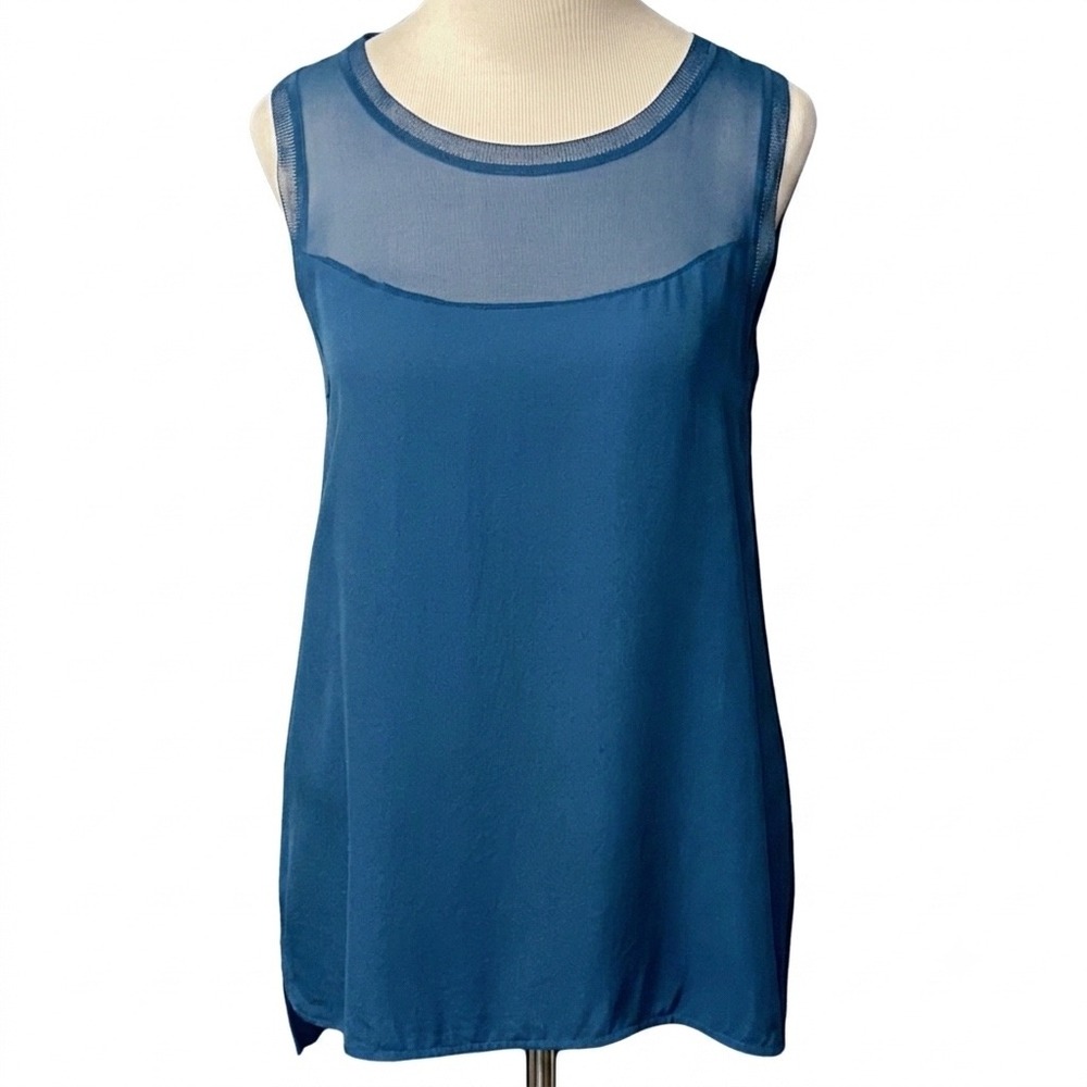 Vince 100% Silk Blouse Womens M Teal Sheer Yoke Sleeveless Tunic High Low